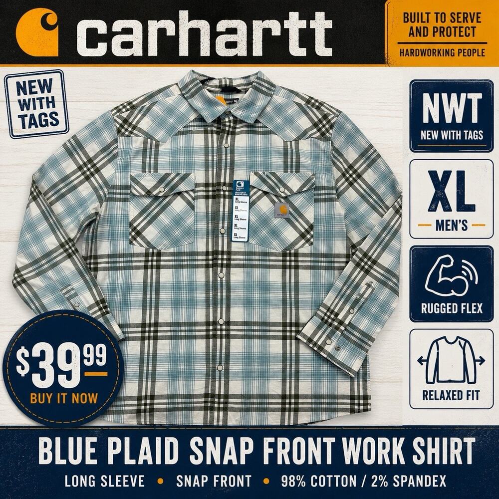 Carhartt Shirt Men’s XL Blue Plaid Rugged Flex Relaxed Fit Snap Front NWT